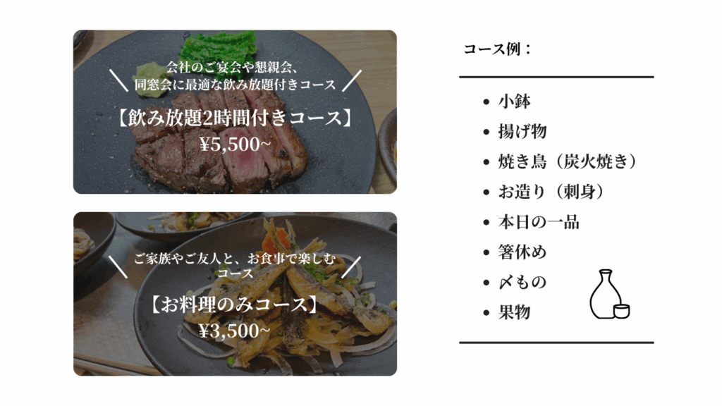 ・会社のご宴会に最適な飲み放題付きコース ・家族やご友人と、お食事のみコース 落ち着いた雰囲気の中で楽しめるご宴会プランをご用意しております。 【飲み放題2時間付きコース】¥5,500~ 【お料理のみコース】¥3,500~ 【ふぐ・すっぽんコース】要相談にて ご予算・ご希望に応じて調整も可能です。 コース内容例： * 小鉢 * 揚げ物 * 焼き鳥（炭火焼き） * お造り（刺身） * 本日の一品 * 箸休め * 〆もの * 果物 新鮮な鶏肉を使用した炭火焼き鳥や、旬の食材を活かした料理を、門外不出の自家製タレと共にお楽しみいただけます。  